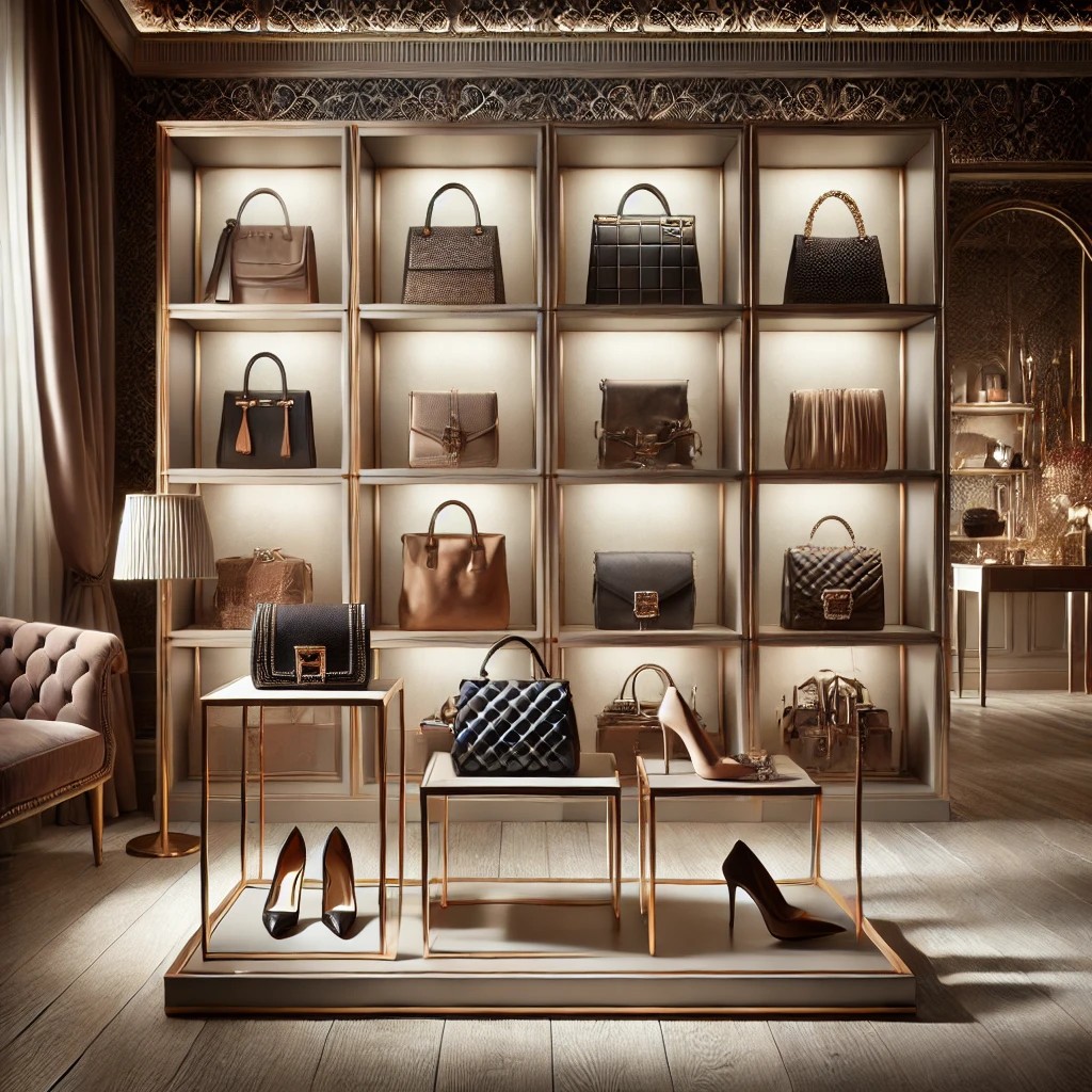 Handbags and shoes arranged in a warm boutique setting