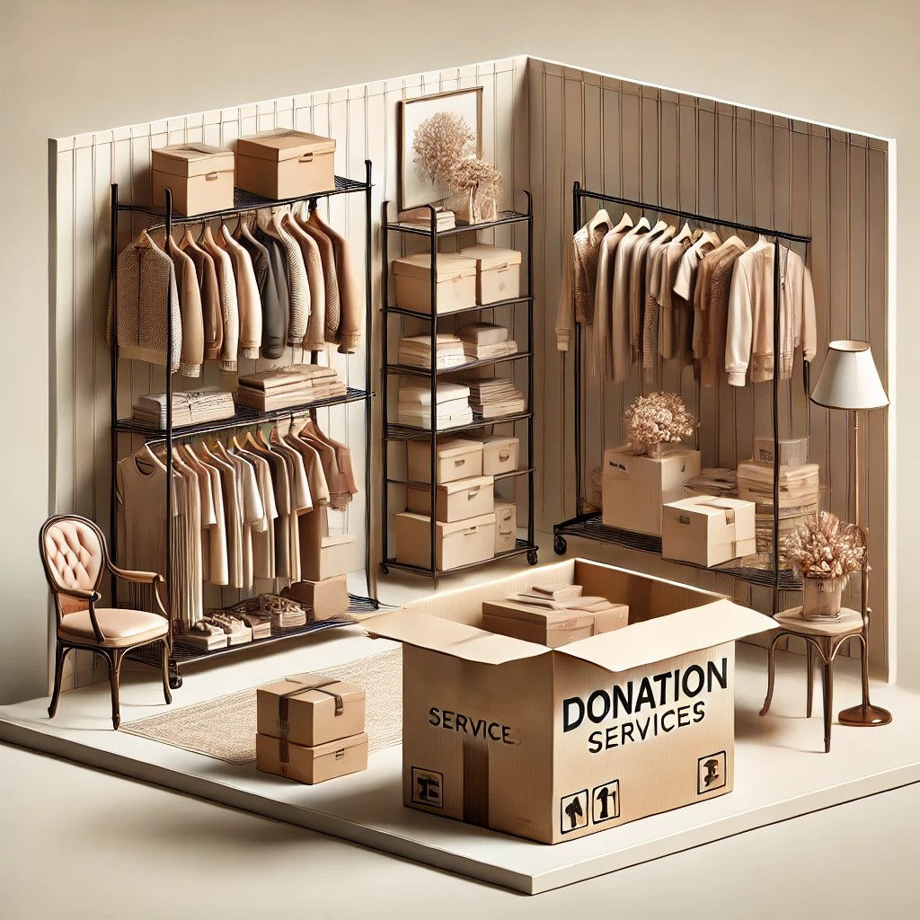 Clothing racks and boxes in a warm neutral setting